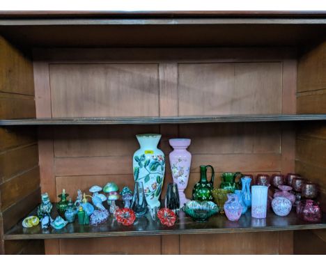 A collection of Victorian and later art glass to include two Victorian floral enamelled opaline vases, Whitefriars glass, alu