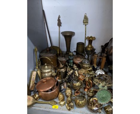 A box of miscellaneous brass and copper vase to include jugs a copper kettle and other itemsLocation: 