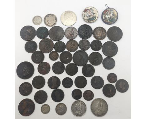 Mixed British coinage to include, 1887 double florin, 1887 half crown, a George III Garter crown, George IV crowns converted 