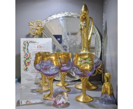 Murano glass to include six wine glasses, a jug and stopper, along with a bell, together with a Caithness paperweight, and on