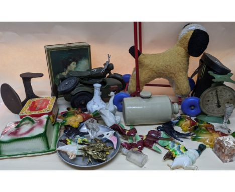 A mixed lot to include a Chad Valley push-a-long dog, cased binoculars, cheese dish, scales and other itemsLocation: 