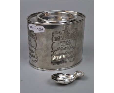 Silver plated tea caddy for English breakfast tea together with small silver scoop 