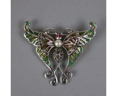 Silver &amp; enamel stone set butterfly brooch 