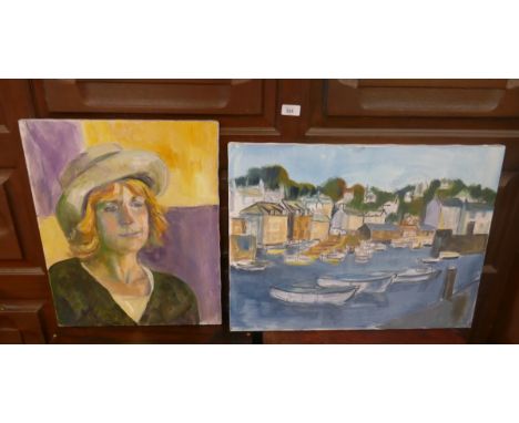 2 oil on canvas - Female portrait and boats on water 