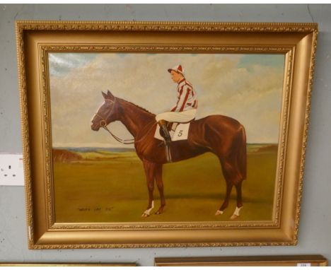 Oil on canvas of Lester Piggot's first Derby winner 'Never say Die' - Approx IS 60cm x 44cm 