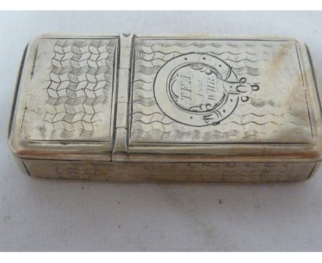 A Victorian double ended snuff box, engine turned decoration with belt and buckle reserve, Birmingham 1853, makers mark CWSD 