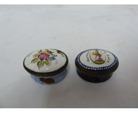Two Bilston enamel patch boxes, oval one with cover decorated with 'SACRED TO LOVE' about a reserve of a kneeling woman, a lo