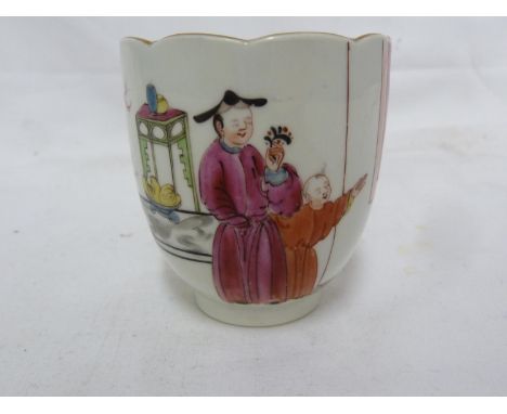 A Worcester porcelain coffee cup, painted in polychrome colours with a Chinoiserie scene of figures and a figure at a window,