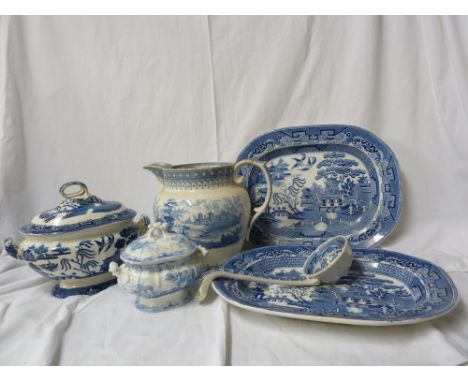 Staffordshire blue and white printed pottery, comprising: a Denon's Egypt sauce tureen and cover, c 1855; two willow pattern 