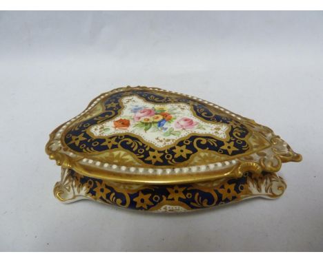 Hammersley &amp; Co heart shaped porcelain box, painted with a reserve of Summer flowers on a cobalt blue and yellow banded g