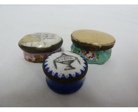 Three Bilston enamel patch boxes: one decorated with a urn with label 'Love him who gives this trifle' within a jelly mould r