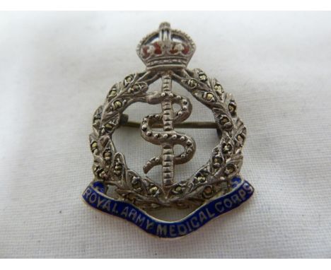 British Army Interest, Royal Army Medical Corps - a marcasite set sweetheart brooch, sert in white metal with enamel detailin