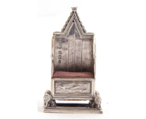 Miniature pin cushion model of the Coronation chair, made to commemorate the Coronation of Edward VII, 5cm tall x 3cm wide x 