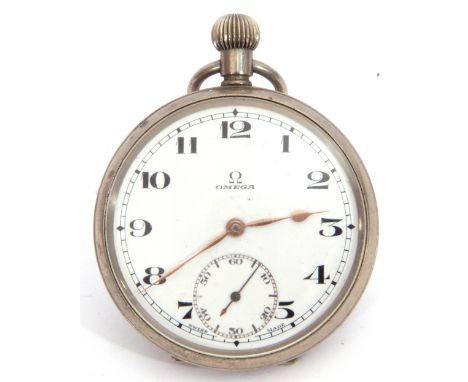 First/second quarter of 20th century gent's Omega nickel cased pocket watch with button wind, having gold hands to a white en