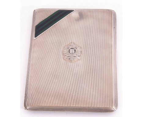 George V cigarette case of rectangular form with full length hinge, engine turned back and front, applied to the centre with 