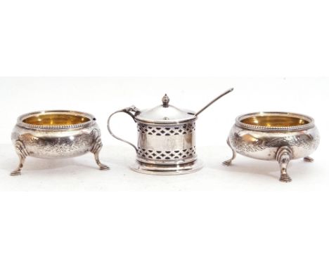 Mixed Lot: pair of Victorian foliate engraved circular salts with beaded rims, gilt interiors supported on three curved and h