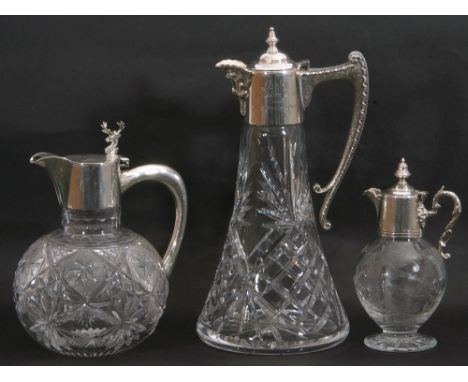 Mixed Lot: large 20th century conical cut glass claret jug with mask pourer and horn style angular handle, 30cm tall, an earl