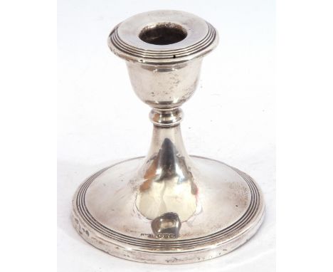 Edward VII dwarf candlestick, the circular body on a single knopped stem to a spreading base, edges with reeded design (loade