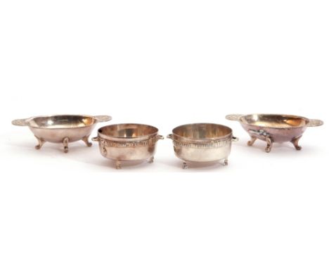 Mixed Lot: pair of Edwardian cauldron salts with applied Celtic banding and small side looped handles, each supported on thre