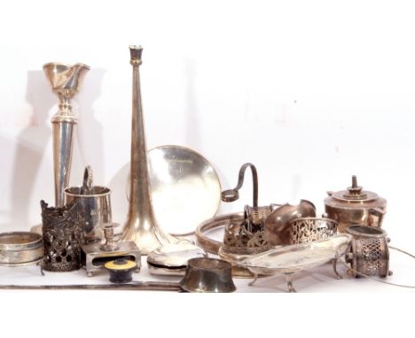 Large collection of assorted mainly hallmarked silver scrap items including vase, candlestick, table lighter, cruet stand, sp