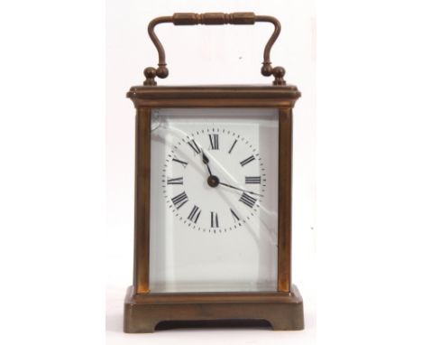 Early 20th century French brass and glass cased carriage timepiece of usual form, having blued steel hands to a white enamel 