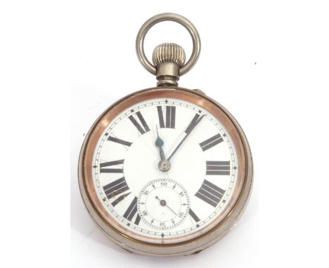 Gent's first quarter of 20th century Railway type plated cased Goliath pocket watch with button wind, having blued steel hand