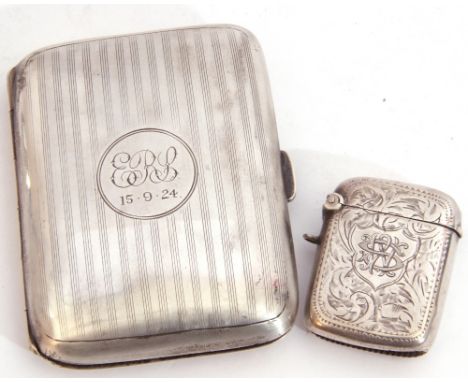 Mixed Lot: George V silver cigarette case of rectangular shape with central engraved cartouche and engine turned striped fron