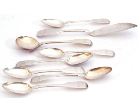 Part set of Victorian flatwares in Fiddle pattern comprising fish knife, sauce ladle, six tea spoons, London 1845 by John &am