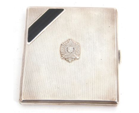 George VI silver cigarette case of rectangular form, engine turned decoration front and back, applied front with The London R