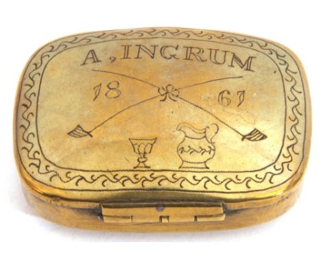 Victorian brass snuff box of shaped rectangular form, the hinged lid engraved with "A Ingrum", dated 1867 and further engrave