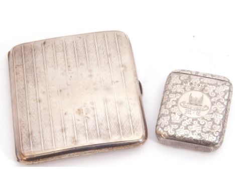 Curved square cigarette case with banded engine turned decoration (partially worn), internal presentation inscription "5th Ba