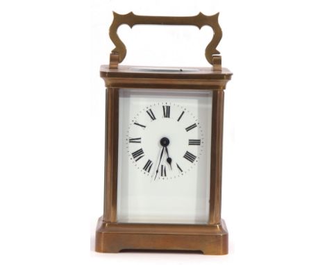 First quarter of 20th century French brass and glass cased carriage timepiece of usual form, having blued steel hands to a wh