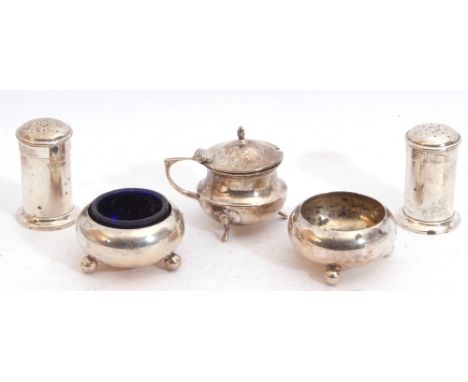Mixed Lot: pair of circular cauldron salts on three ball feet, London 1918, by The Goldsmiths &amp; Silversmiths Company, a p