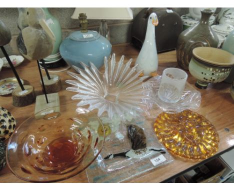 A selection of art glass bowls and dishes including an art glass duck