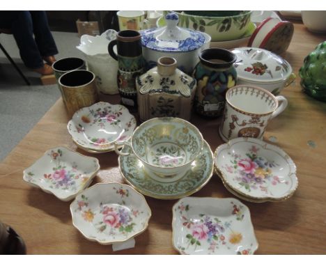 A selection of ceramics including Royal Worcester Evesham dish, Royal Crown Derby Posies pin dishes and Spode Tea caddy