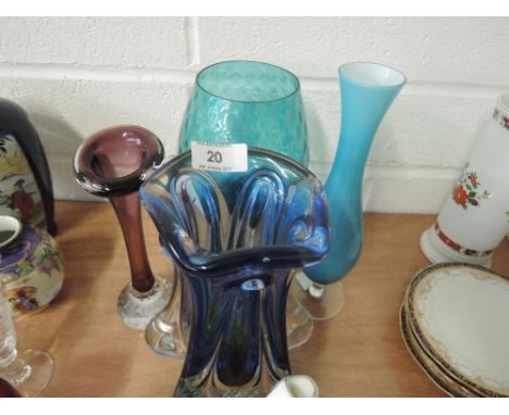 Two Art glass vases, oversized blue brandy glass etc