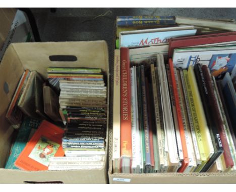 Two boxes of childrens volumes including Beatrix Potter, Thomas the Tank Engine etc