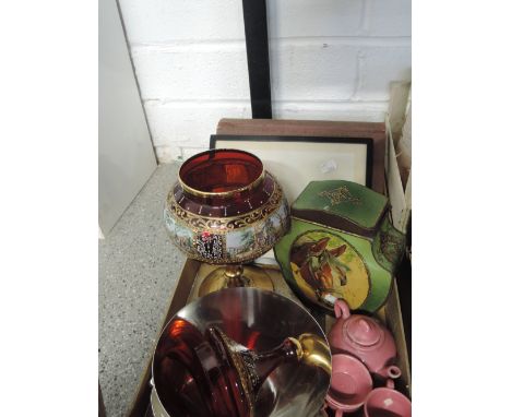 A miscellaneous box including a vintage tin of buttons, glass and plated ware