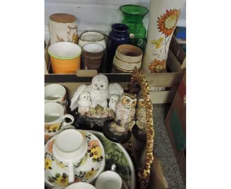 A box of ceramic and bohemia glass vases, and a box of ceramics including owl figurines, plates, cups and saucers etc