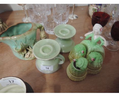 A pair of Jasba Keramic night sticks, a Carltonware cruet and a Hornsea rabbit jug