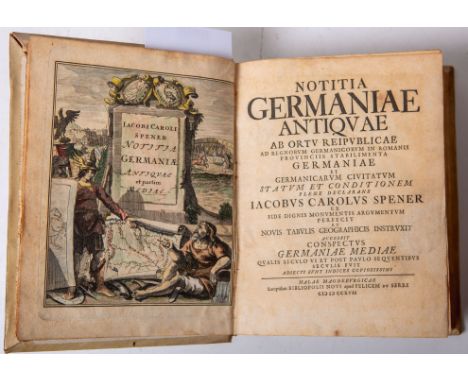 "Notitia Germaniae Antiquae", Pergamenteinband, m. 6 kolorierten faltbaren Kupferstichen,Verlag J. C. Spencer, Magdeburg 1717