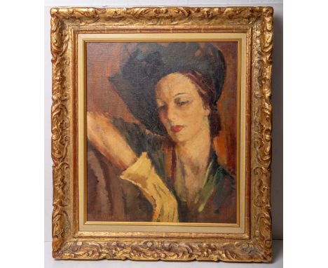 Worswick, Julia (1903 - 1976), Damenportrait, Öl/Lw., Dame m. Hut u. Handschuhen, li. u.sign., Bildgröße ca. 53 x 45 cm, gera