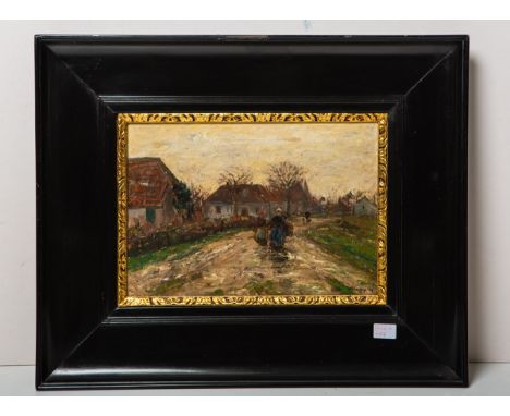 Liesegang, Helmut (1858-1945), Dorfstraße m. 2 Bäuerinnen, Öl/Lw., re. u. sign., ca. 23 x33 cm, gerahmt. Rahmen bestoßen.