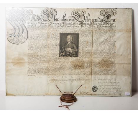 Herzogliche Bulle (1688), auf Pergament, m. Wachssiegel in gedrechselter Holzkapsel,Blattgröße ca. 55 x 80 cm, Dm. Siegel ca.