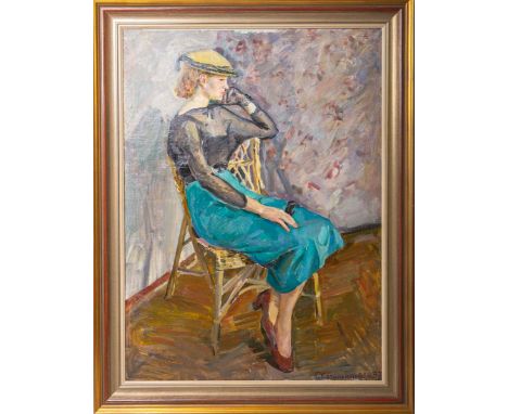 Kotelnikova (Russland, 20. Jh.), Darst. einer sitzenden Dame m. Handschuh (1957), Öl/Lw.,rs. bez., ca. 75 x 99 cm, gerahmt.