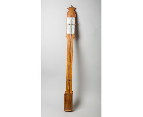 Barometer (Deutschland, um 1900), auf Buchenholzplatte zur Wandbefestigung, L. ca. 99 cm.Altersbed. Zustand, Pfeil gebrochen,