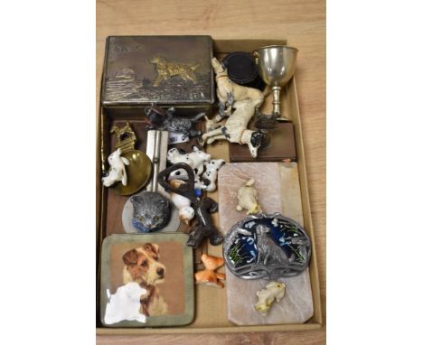 A miscellany of items, to include vintage tin with impressed spaniel to lid, compact with terrier design and other dog relate