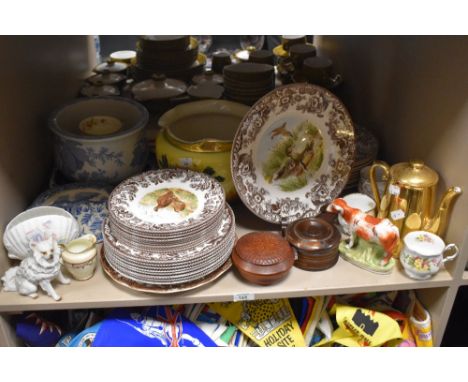 A quantity of Spode Red Grouse patterned tableware, a 19th Century Staffordshire cow ornament, an early 20th Century jardinie