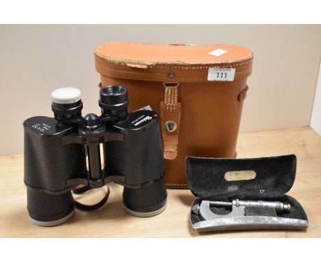 A cased pair of Pathescope 10x50 magnification field binoculars with tan leather case, and a Chesterman of Sheffield micromet