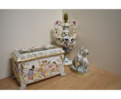 A Capodimonte lamp base and a lidded casket,af, lid has been siliconed shut, also included is a Staffordshire flat back study